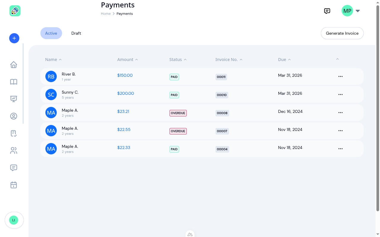 Payments page showing five invoices in a table with child name, amount, status (PAID or OVERDUE), invoice number, and due date columns