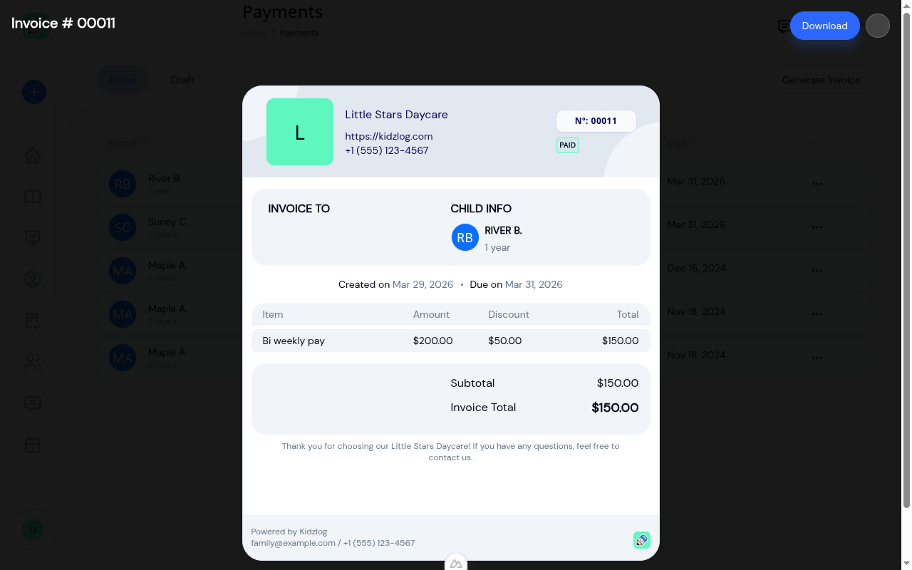 Invoice slip modal for Invoice No. 00011 showing Little Stars Daycare header, a PAID badge, the child name River B, creation and due dates, a Bi weekly pay line item at $200 with a $50 discount and $150 total, and the calculated subtotal and invoice total