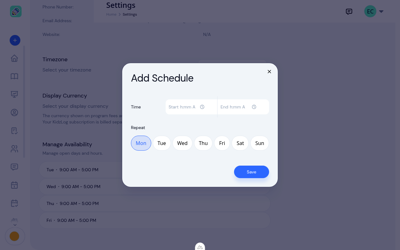 Add Schedule window with Start and End time pickers and a row of weekday buttons under Repeat