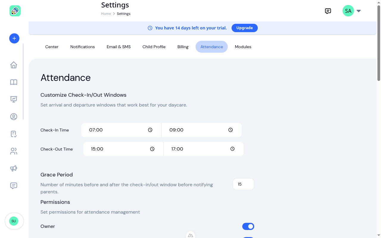 Attendance settings showing check-in/out time windows, grace period, and the beginning of the permissions section