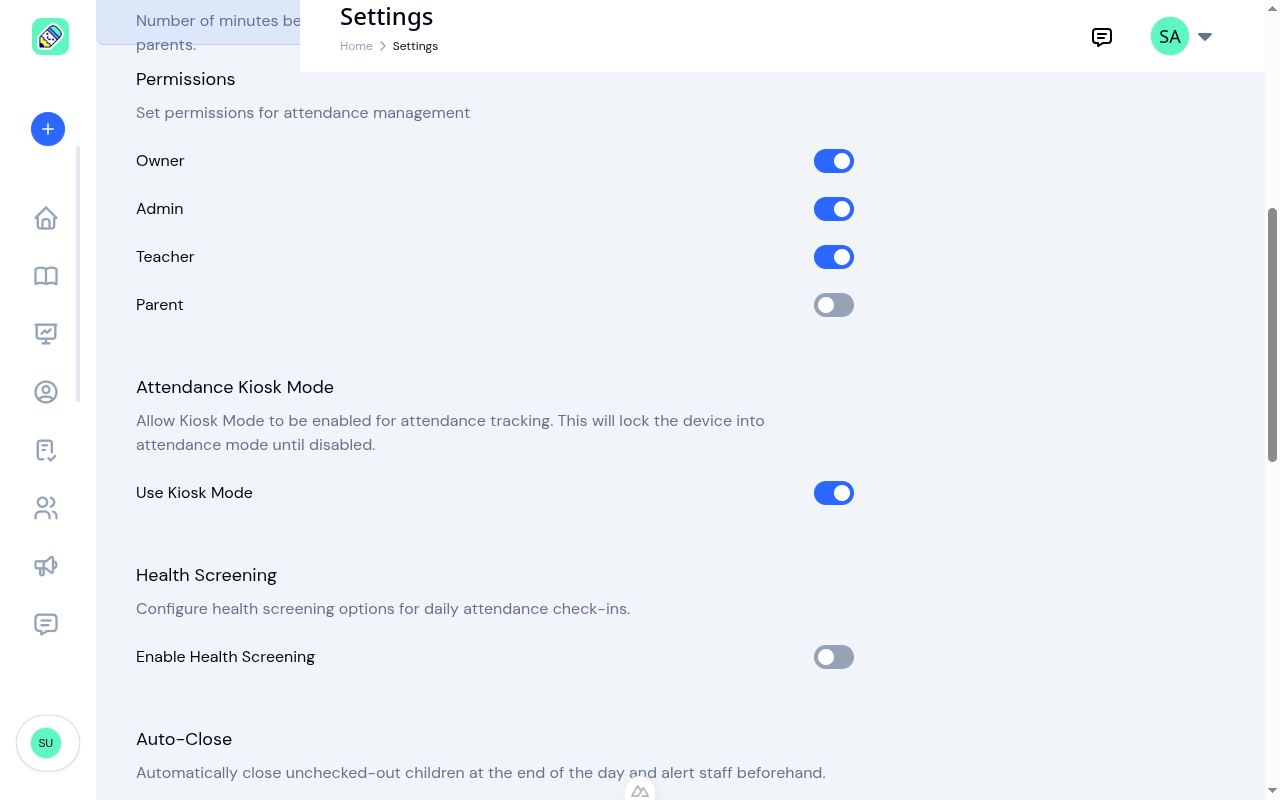 Attendance permissions, kiosk mode toggle, and health screening settings