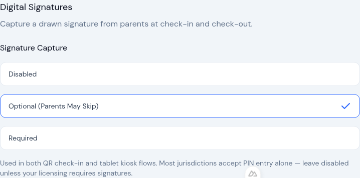 Digital Signatures settings showing the Signature Capture options Disabled, Optional, and Required, with Optional selected