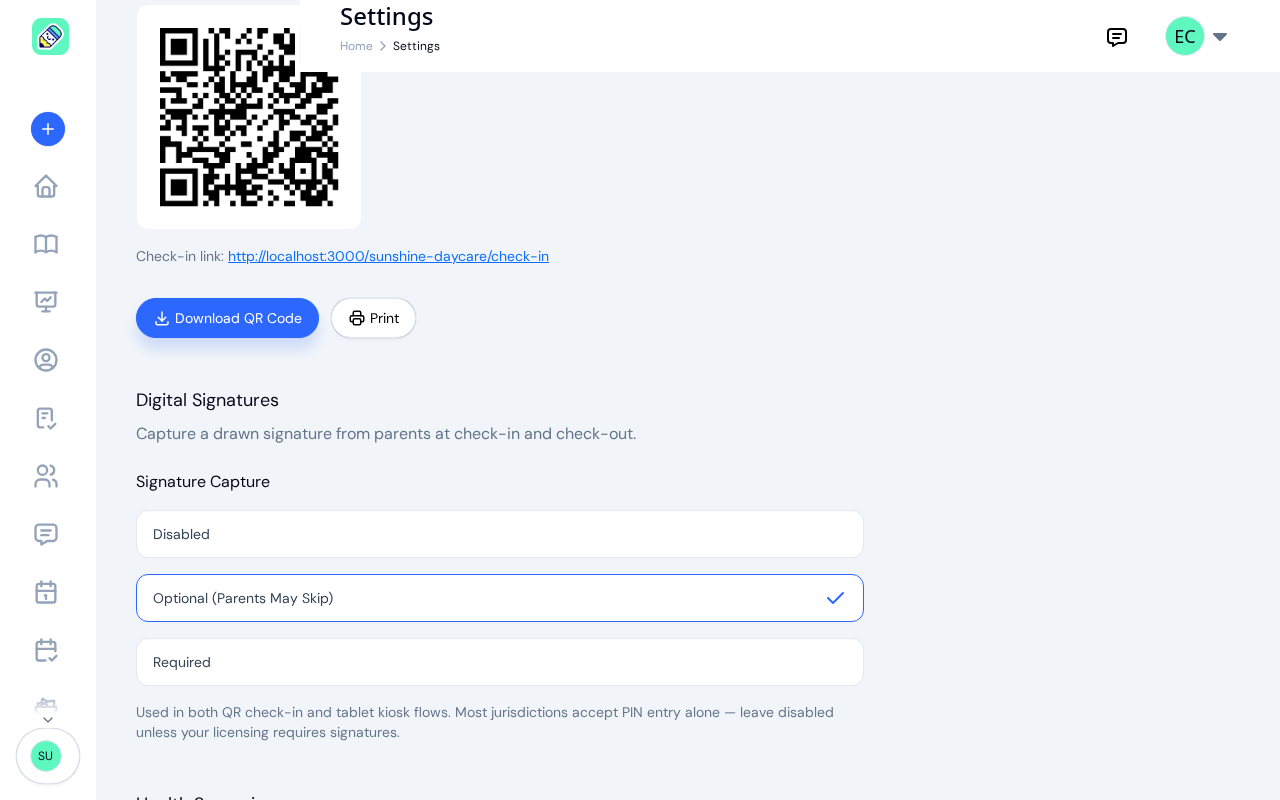 Digital Signatures settings showing the Signature Capture options Disabled, Optional, and Required, with Optional selected
