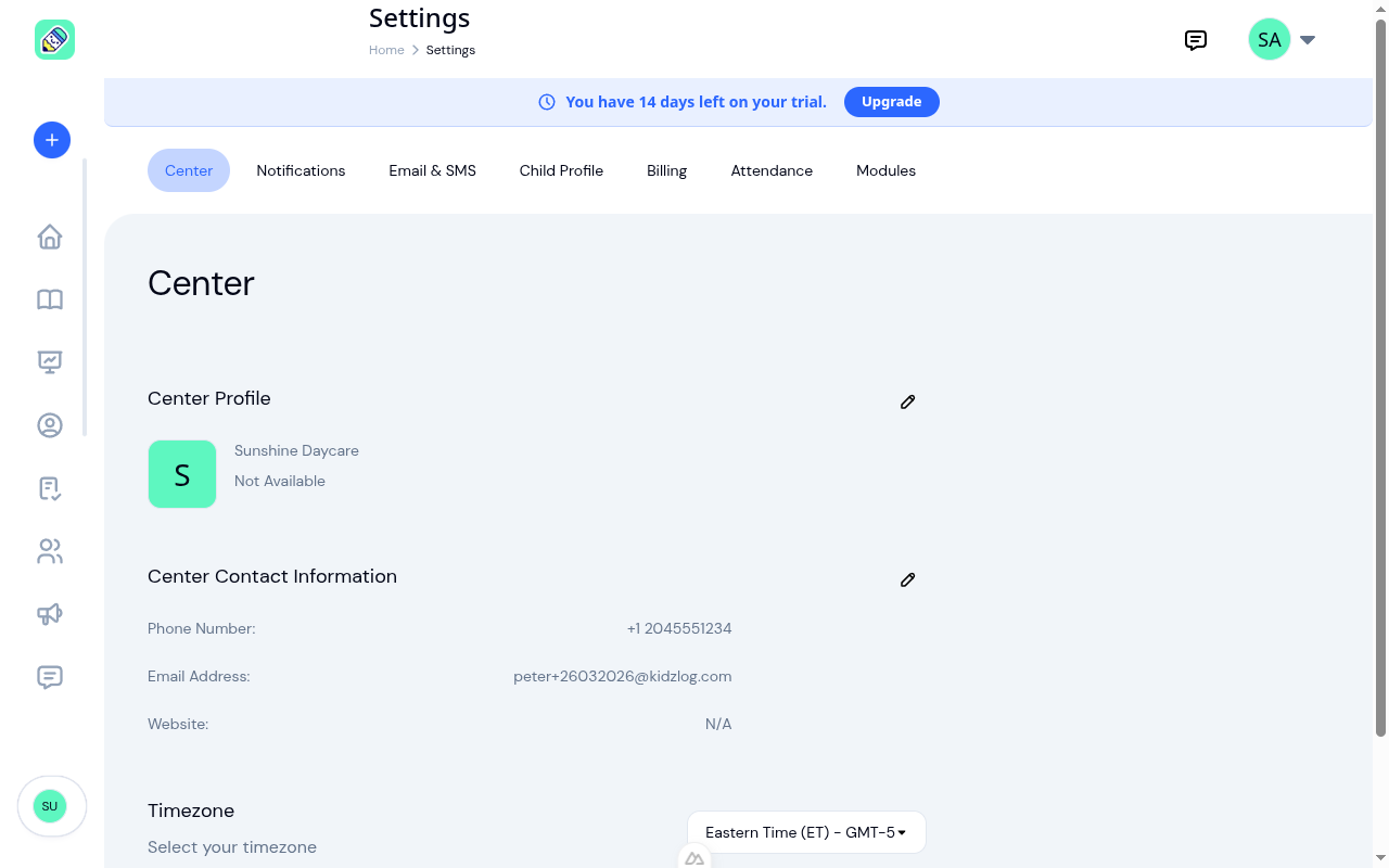 Settings Center tab showing center profile with name and avatar, contact information with phone, email, and website, and timezone selector