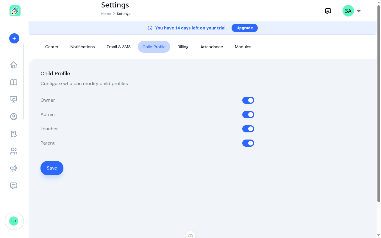 Child Profile permissions showing toggle switches for Owner, Admin, Teacher, and Parent roles