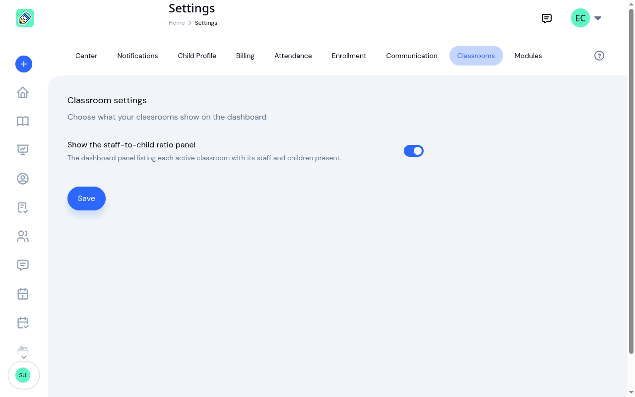 Settings page on the Classrooms tab, showing the "Show the staff-to-child ratio panel" switch turned on