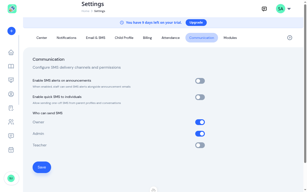 Settings page showing the Communication tab with SMS toggles and role permissions