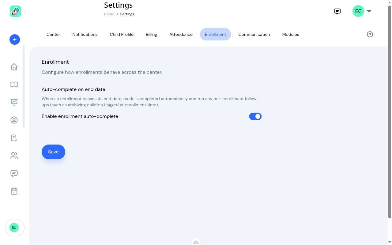 Enrollment settings with the Enable enrollment auto-complete toggle switched on