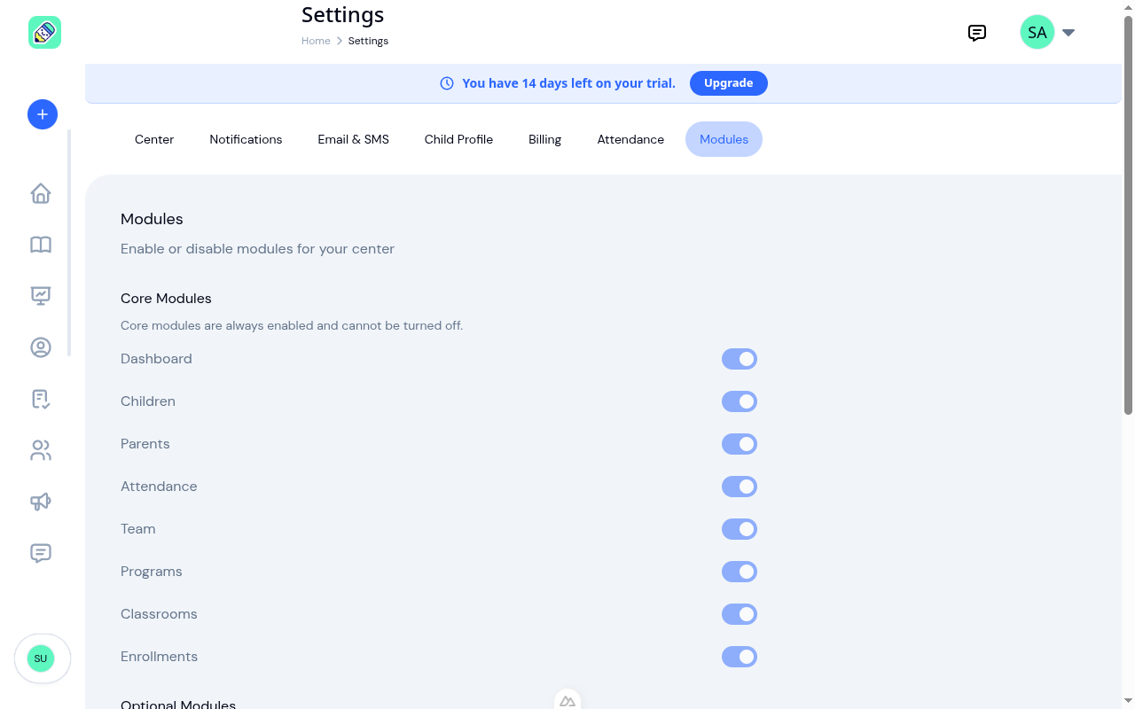 Modules settings showing Core Modules (always enabled) and Optional Modules with toggle switches