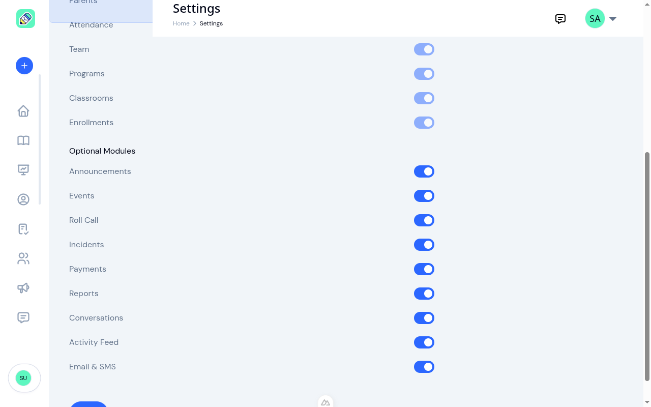 Optional Modules section showing toggleable features like Announcements, Events, Roll Call, Incidents, and more