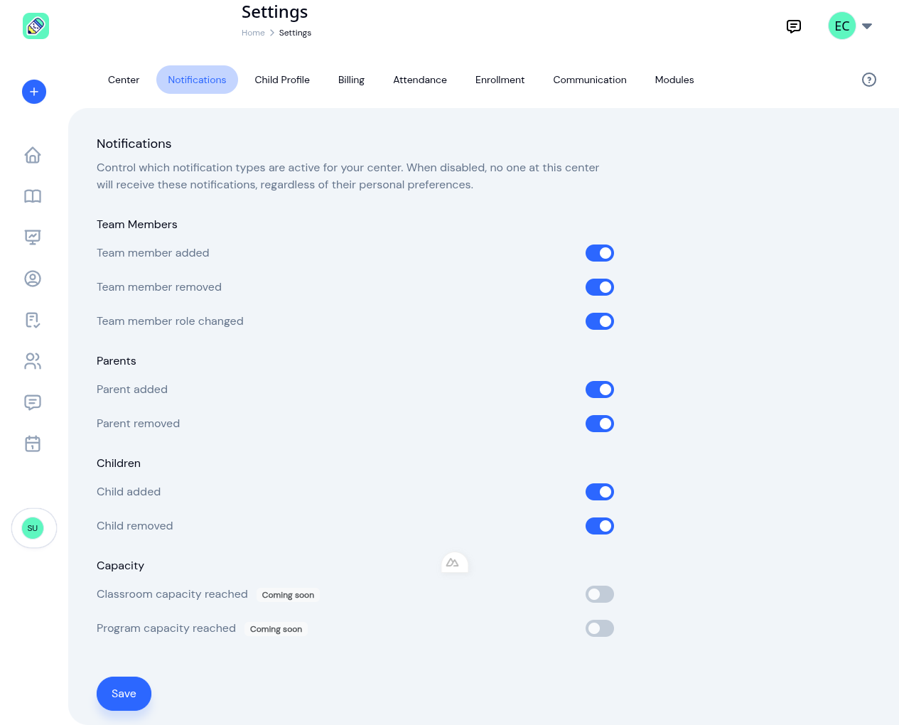 Center notification settings with toggle switches grouped into Team Members, Parents, Children, and Capacity sections, all team and family toggles enabled and the two capacity toggles disabled with Coming soon badges