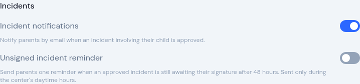 Incidents notification group with Incident notifications switched on and Unsigned incident reminder switched off