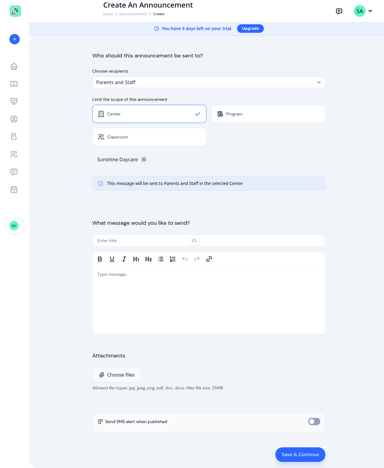 Create announcement form showing recipient selection, scope options, message editor, attachments, and SMS toggle