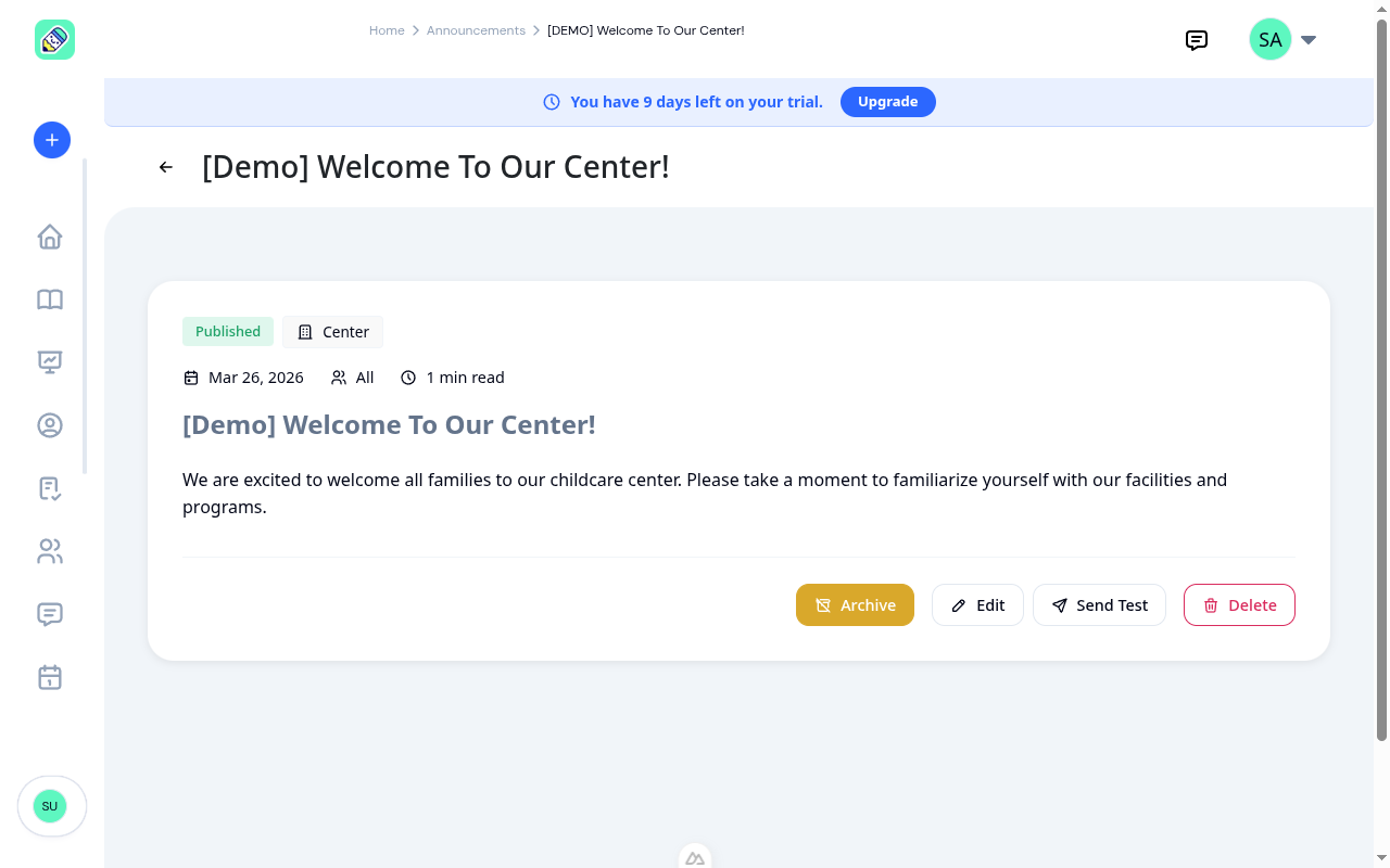 Announcement detail page showing status, scope, metadata, content, and action buttons