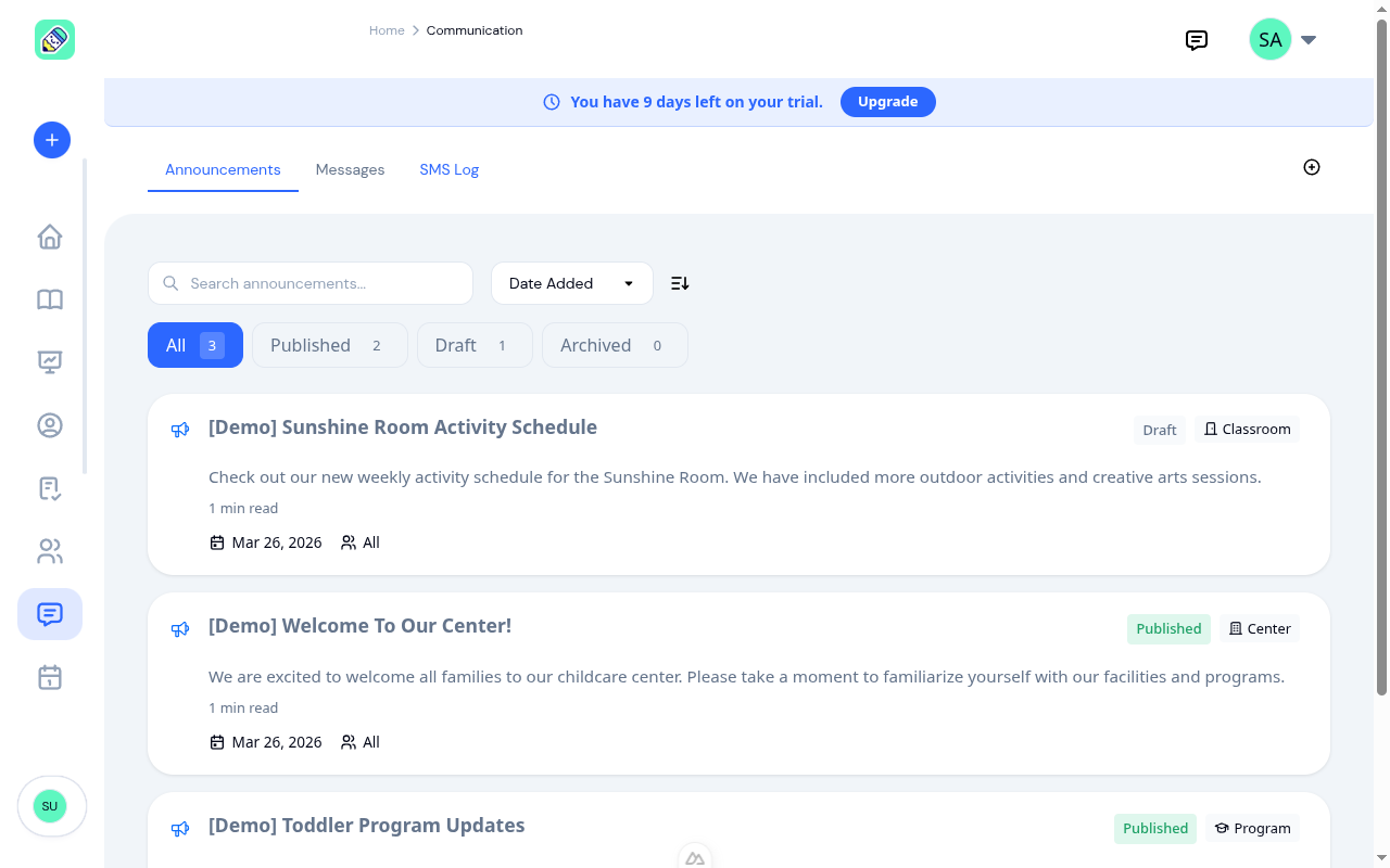 Communication hub showing the Announcements tab with three demo announcements