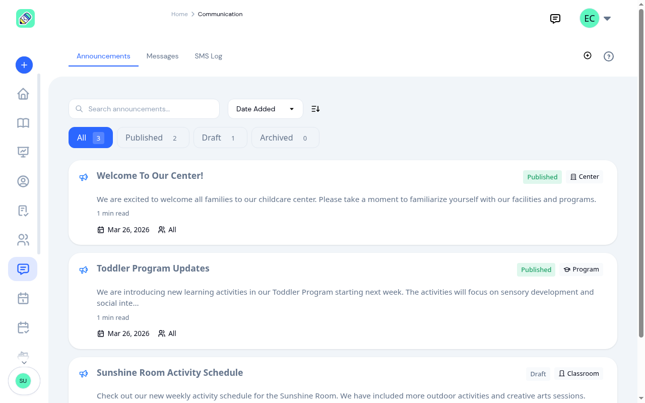 Communication hub showing the Announcements tab with three demo announcements