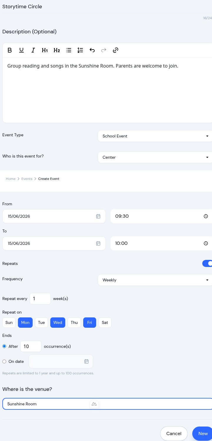 New event form showing title, description, event type, audience, date and time, and the repeat options