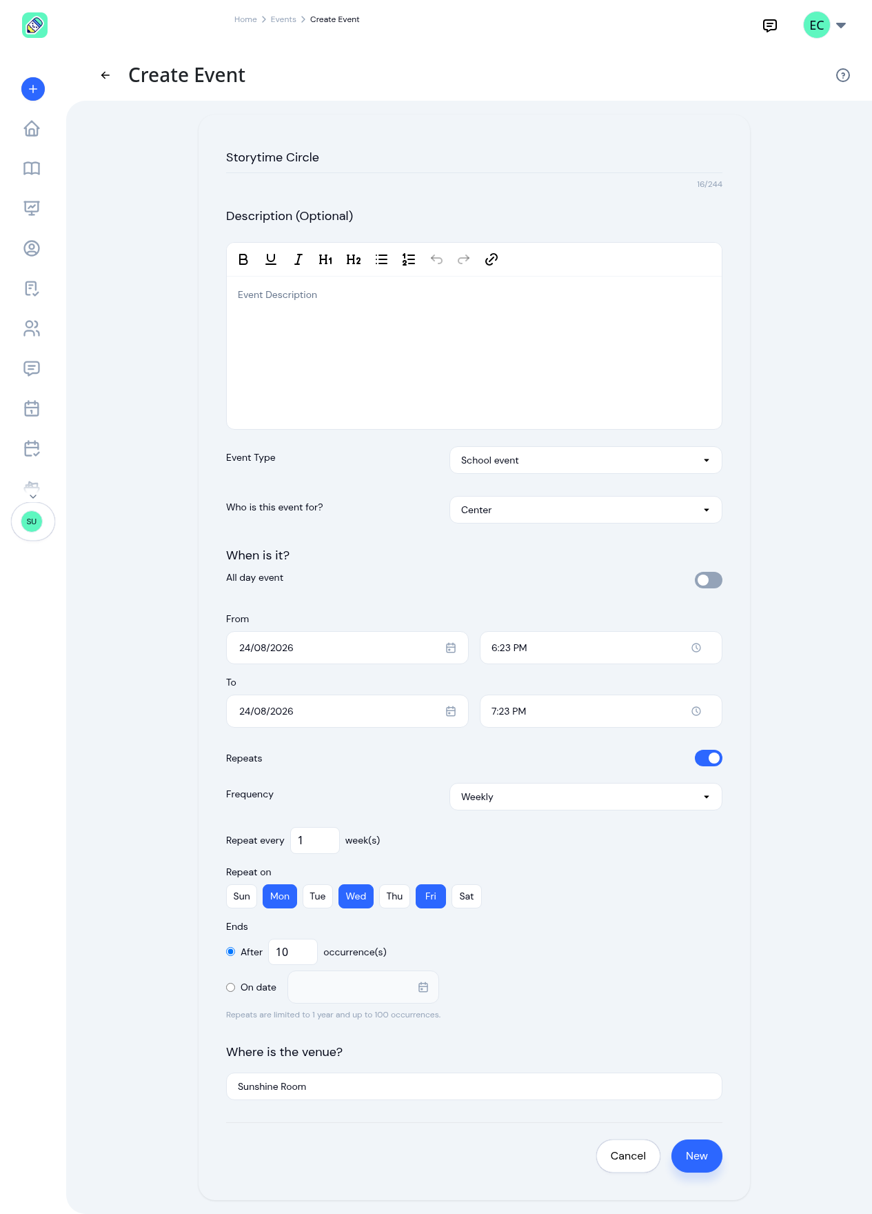 New event form showing title, description, event type, audience, date and time, and the repeat options