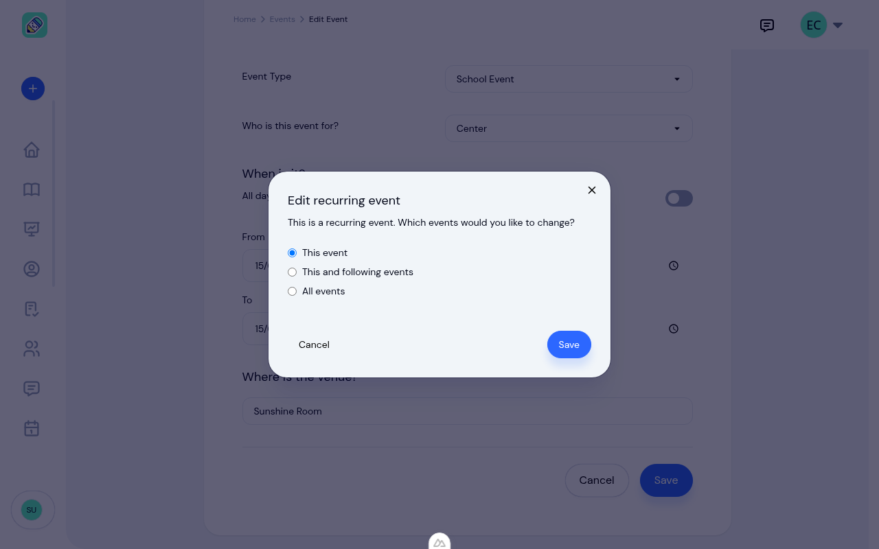 Edit recurring event dialog asking whether to change this event, this and following events, or all events