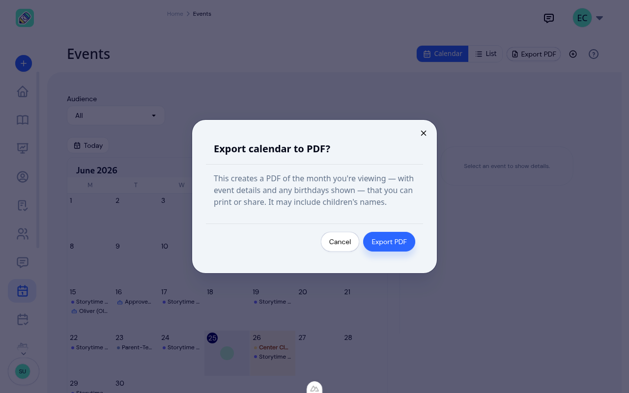 Export calendar to PDF confirmation dialog explaining the PDF covers the month you're viewing