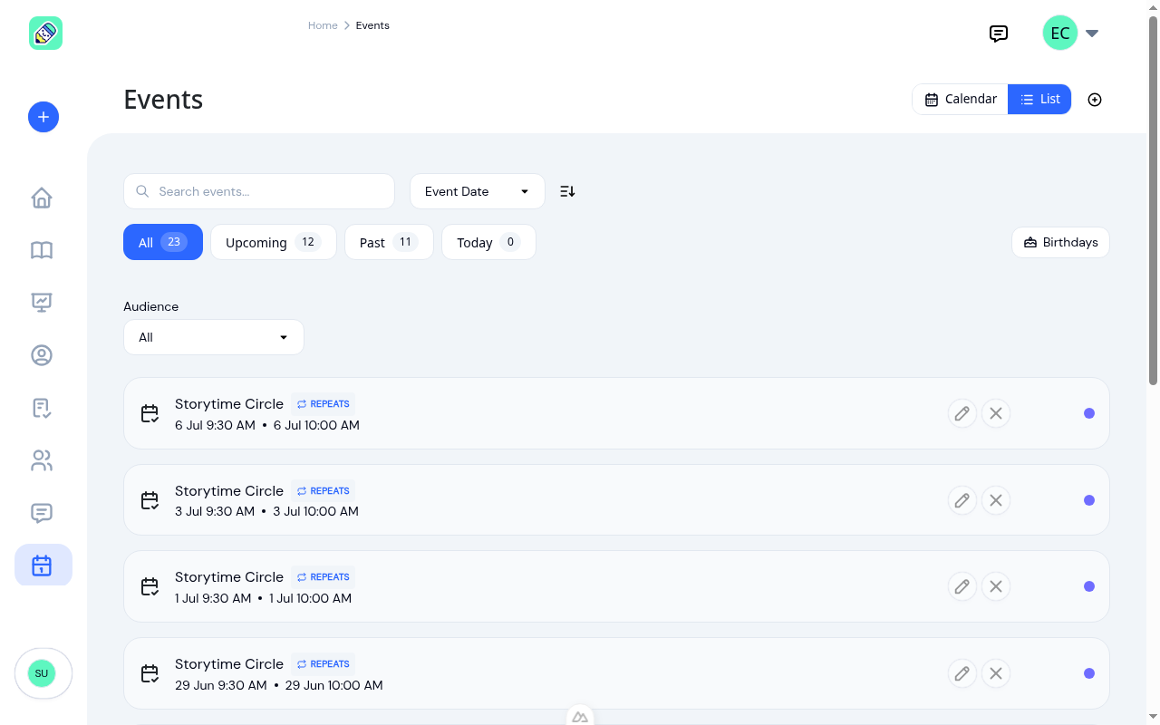 Events list view with status tabs for All, Upcoming, Past, and Today, plus search and sort controls
