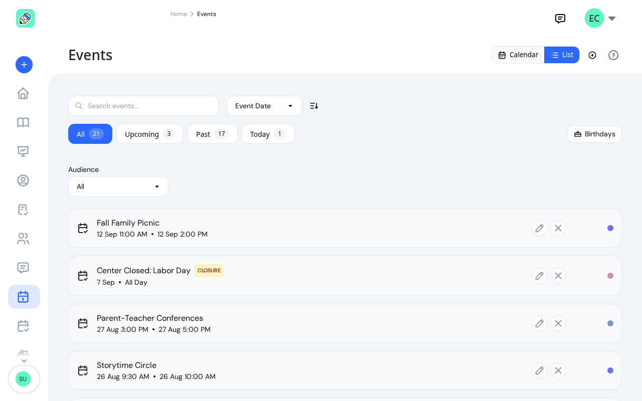 Events list view with status tabs for All, Upcoming, Past, and Today, plus search and sort controls
