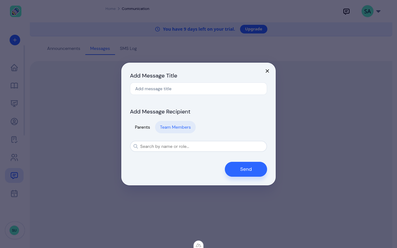 New message modal with title field and recipient selection