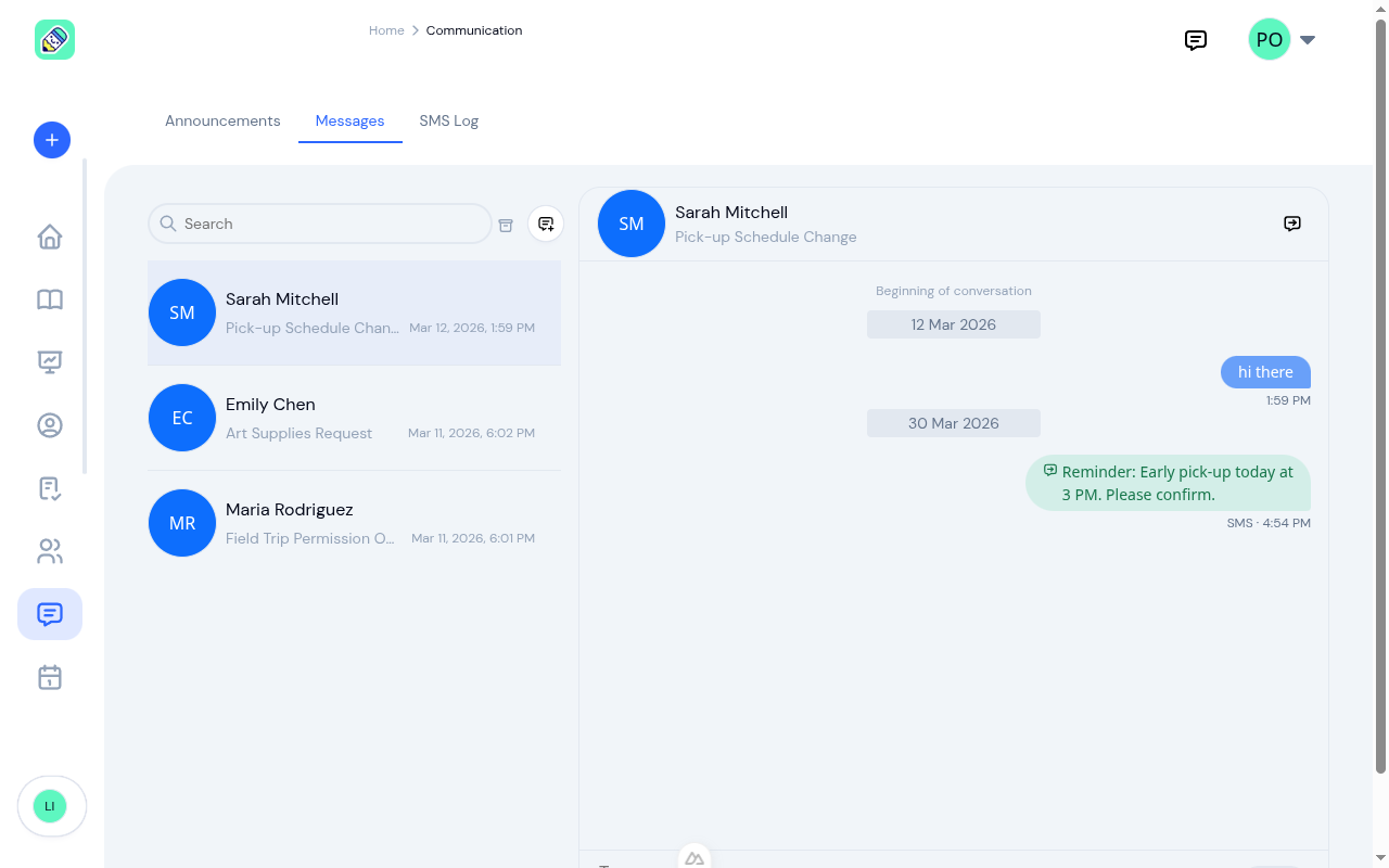 Messages tab showing a split-pane layout with thread list on the left and an open thread on the right