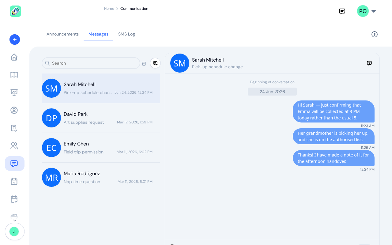 Messages tab showing a split-pane layout with thread list on the left and an open thread on the right
