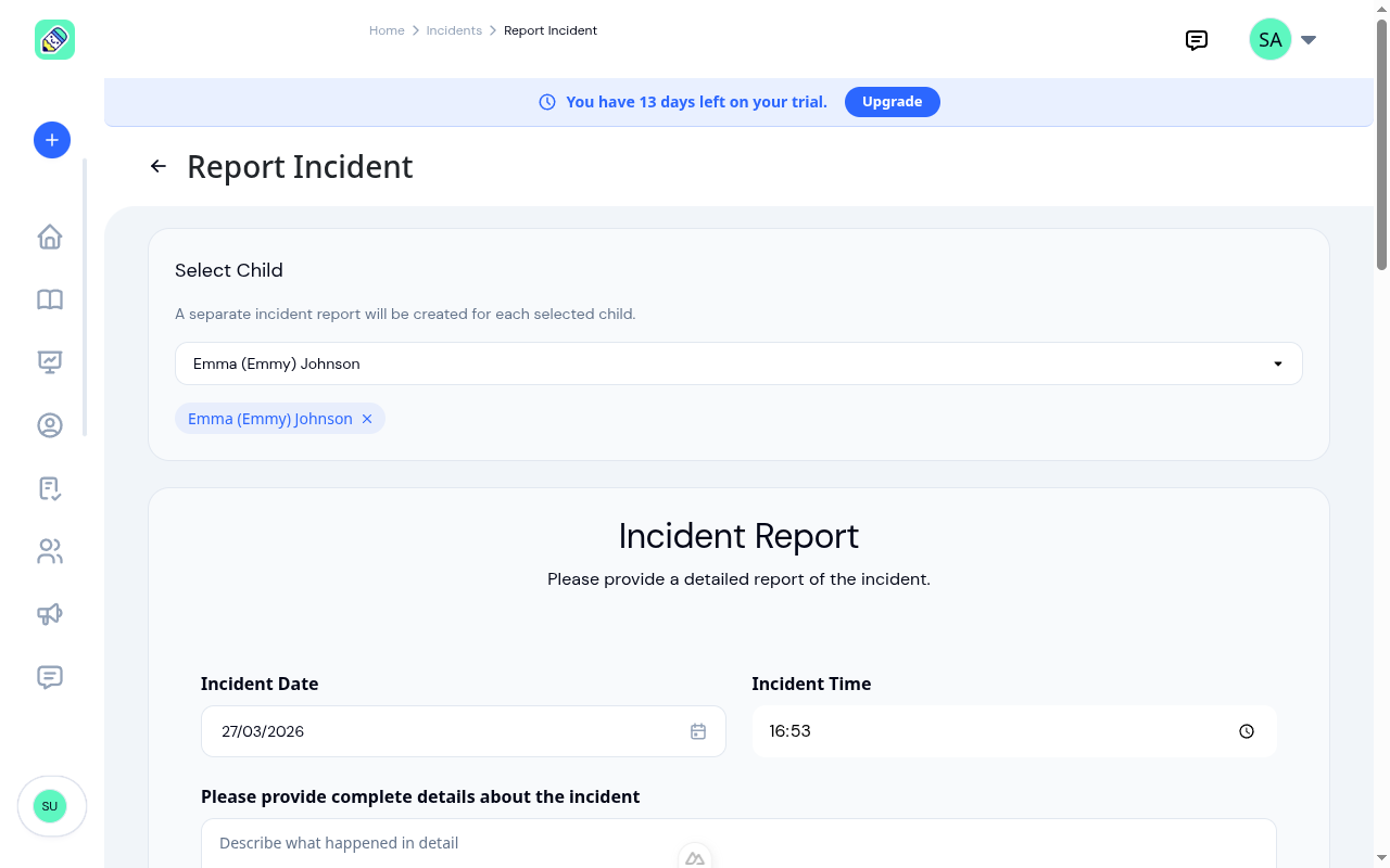 Incident creation form showing child selector, date/time, and description fields