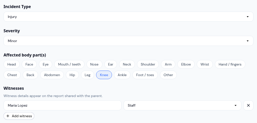 Incident form showing the Incident Type set to Injury, Severity set to Minor, the Affected body part(s) pills with Knee selected, and a witness entry for a staff member