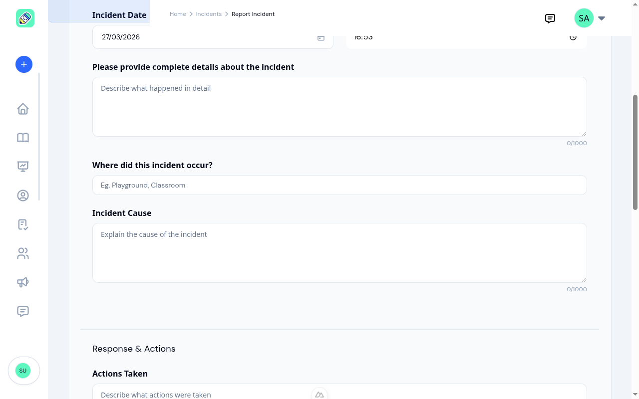 Incident form showing description, location, cause, response, and reporter fields