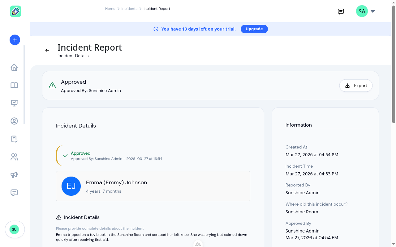 Incident detail page showing approved status, child info, description, and information sidebar