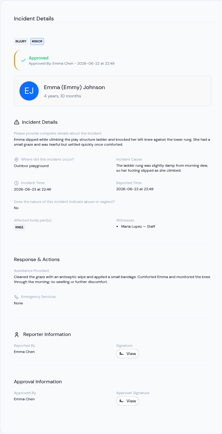 Incident detail showing Injury and Minor badges, the approved banner, child info, full incident details, the abuse-or-neglect answer, the affected body part and witness, response, and reporter and approver signatures