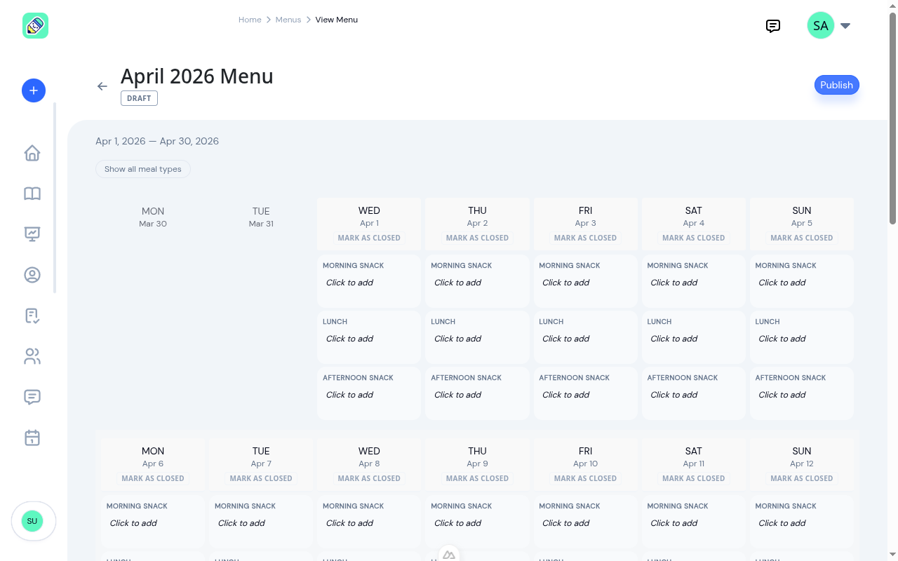 Empty menu builder showing April 2026 as a weekly grid with meal slots for each day