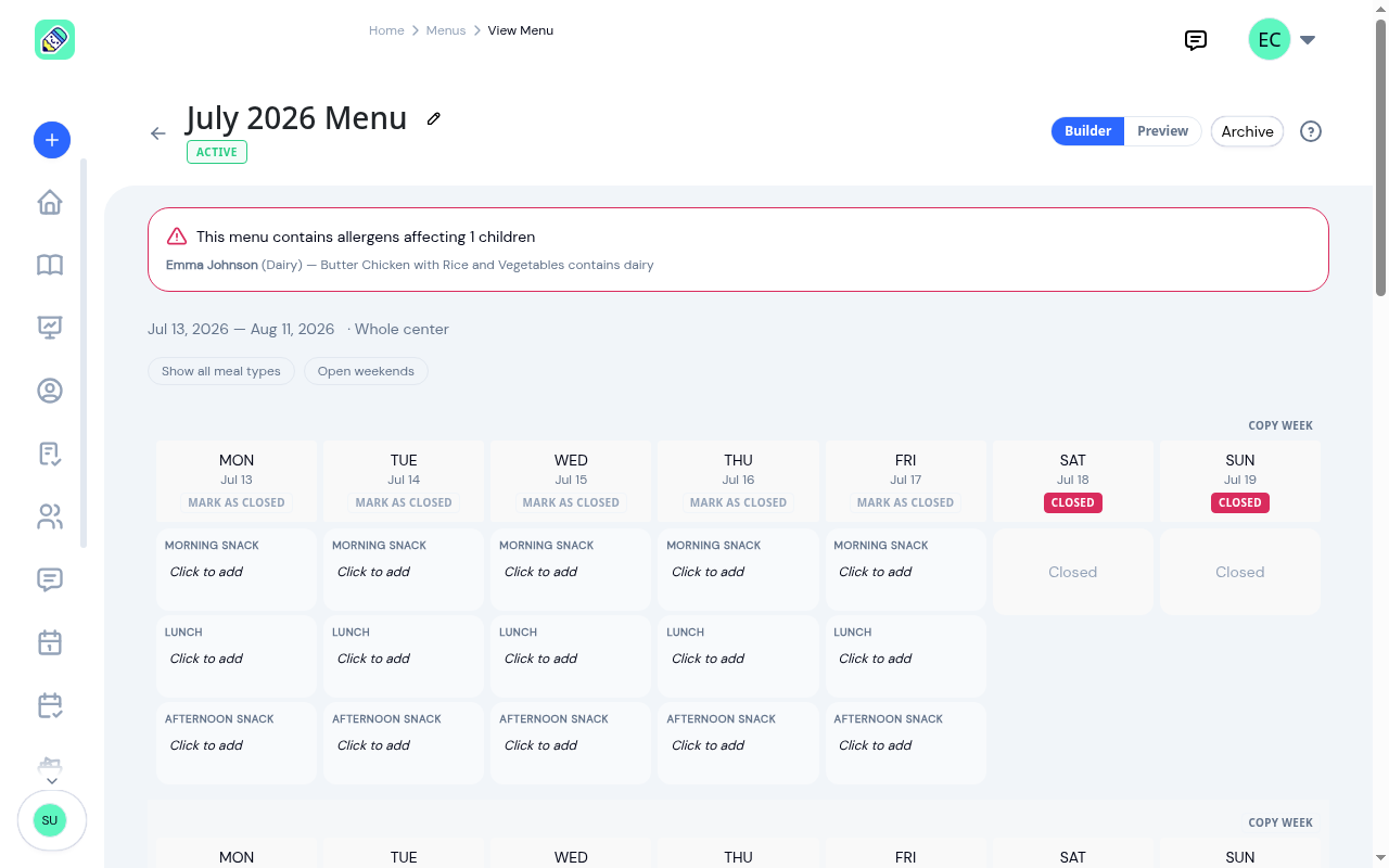 Menu builder header showing the menu name with an ACTIVE badge, Builder and Preview tabs, an Archive button, an allergy warning banner, the date range and who the menu is for, and the meal type and weekend toggles above the grid