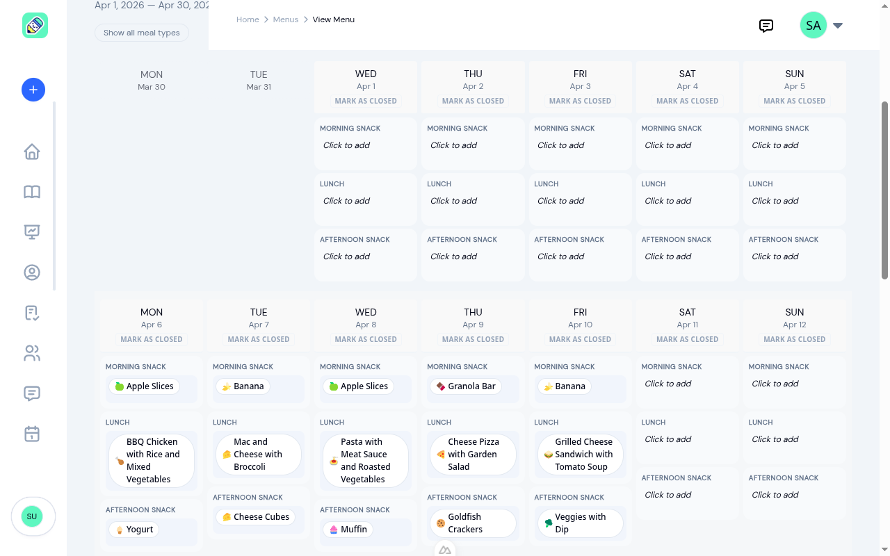 Populated menu builder showing week 2 with morning snacks, lunches, and afternoon snacks filled in across Mon–Fri