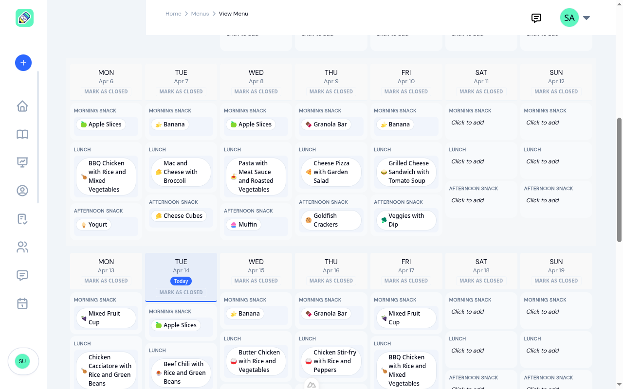 Menu builder showing week 2 populated and Apr 14 highlighted with a Today badge