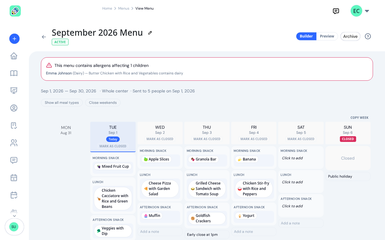 Menu builder for September 2026 with the week populated across Tuesday to Friday and Sep 1 carrying a Today badge
