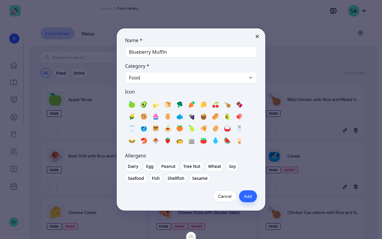 Add Food Item modal with name, category, icon picker, and allergen pills