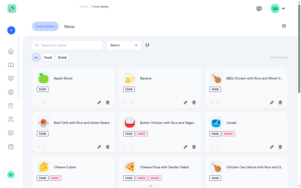 Populated food library showing a grid of food items with icons, category badges, and allergen tags