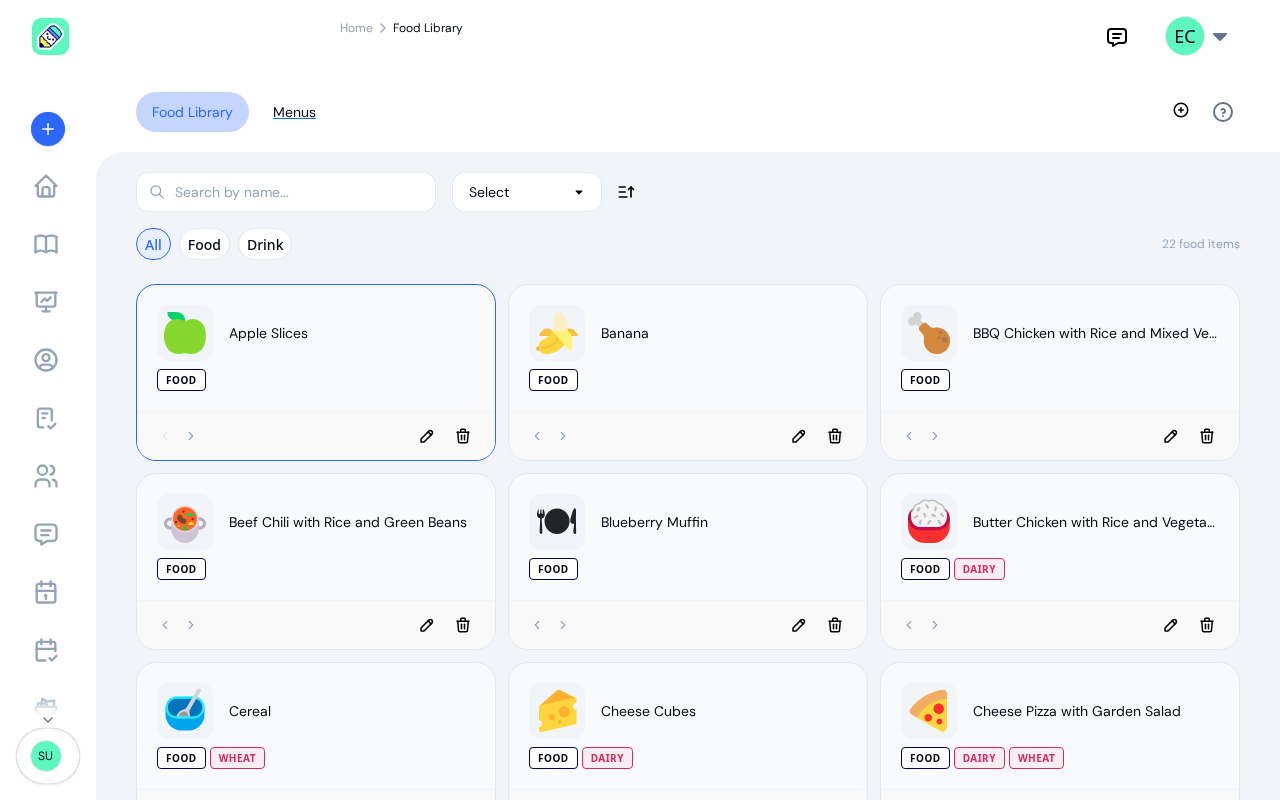 Populated food library showing a grid of food items with icons, category badges, and allergen tags