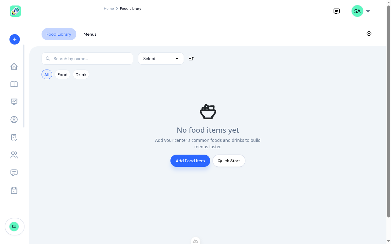Empty food library with "No food items yet" message and Add Food Item / Quick Start buttons