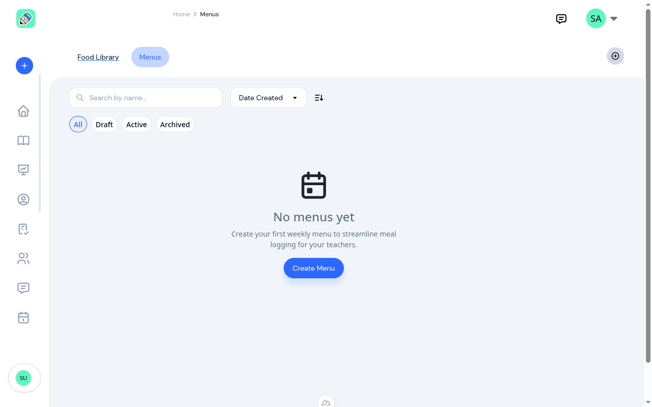 Empty menus tab with Create Menu call-to-action