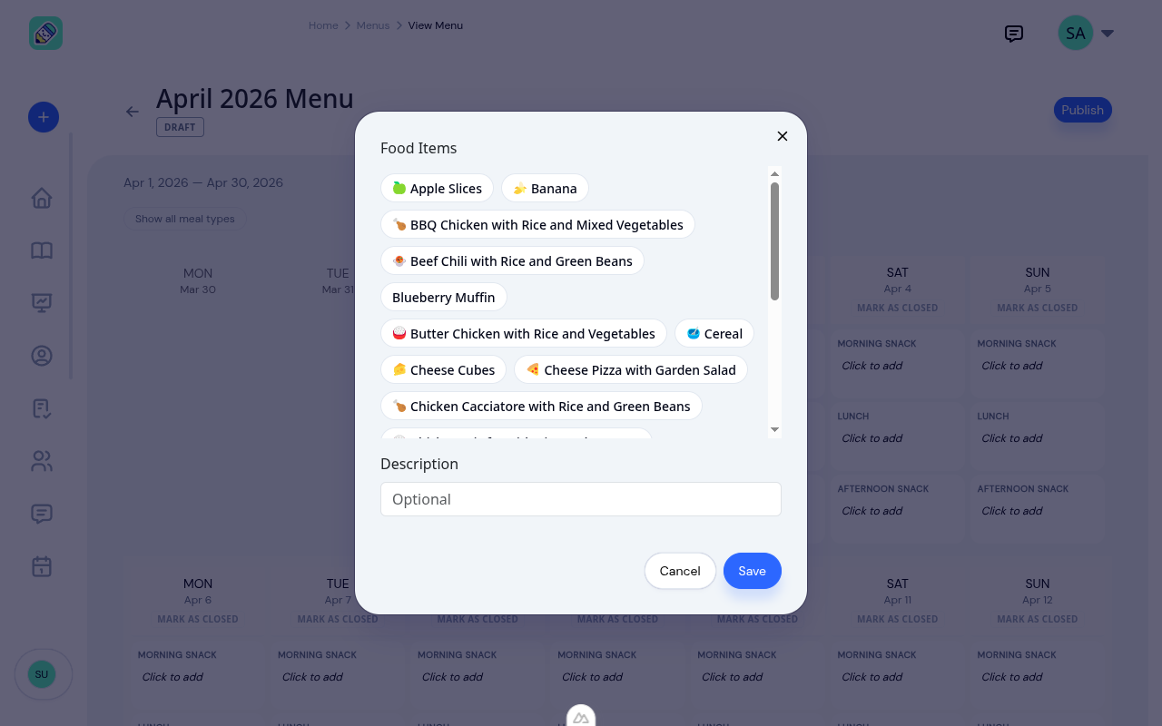 Meal editor modal showing food items as selectable pills with Description field
