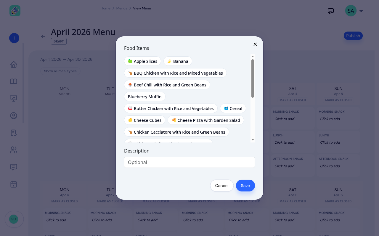 Meal editor modal showing food items as selectable pills with Description field