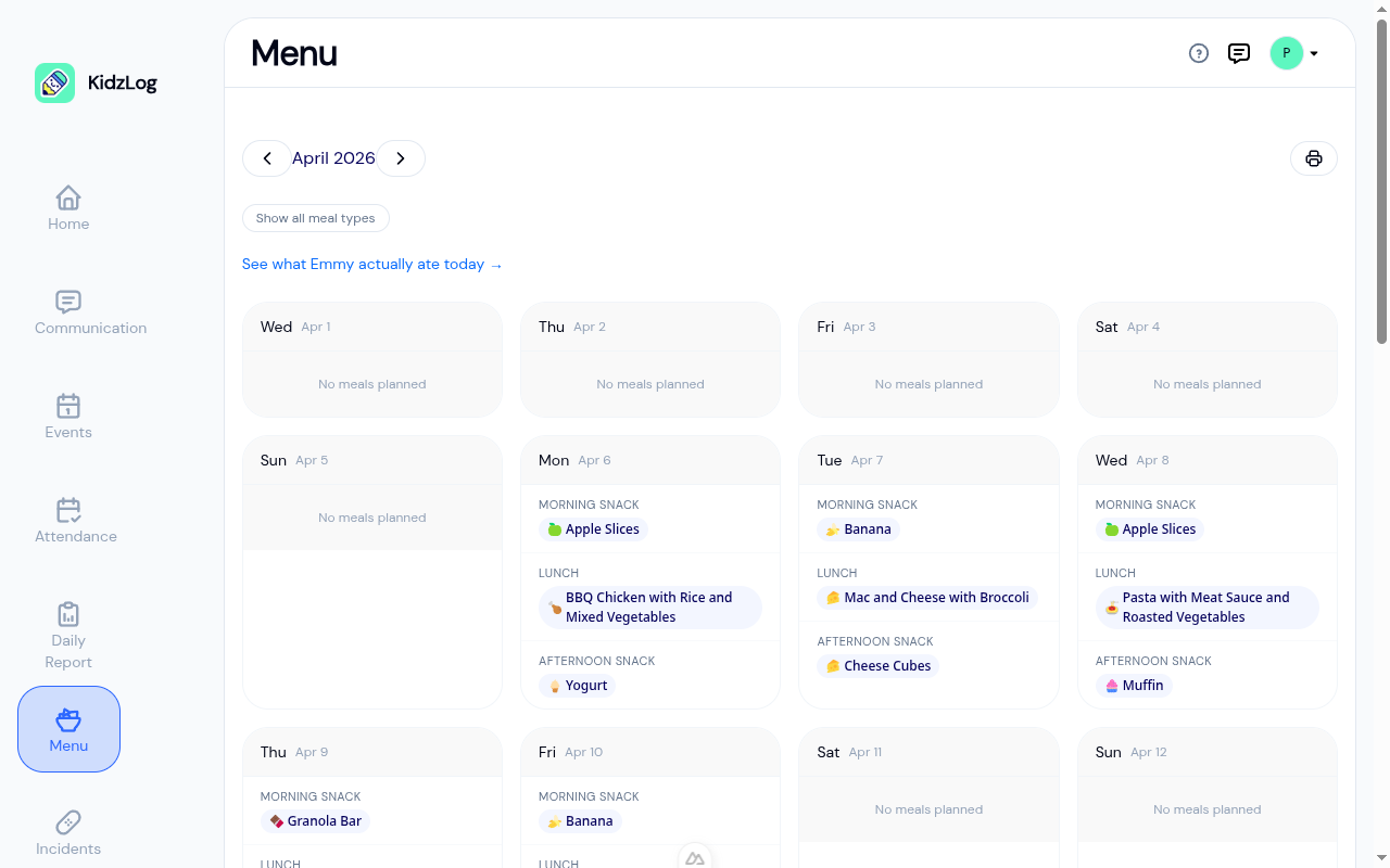 Parent menu view showing April 2026 with meals for each day and a "See what Emmy actually ate today" link