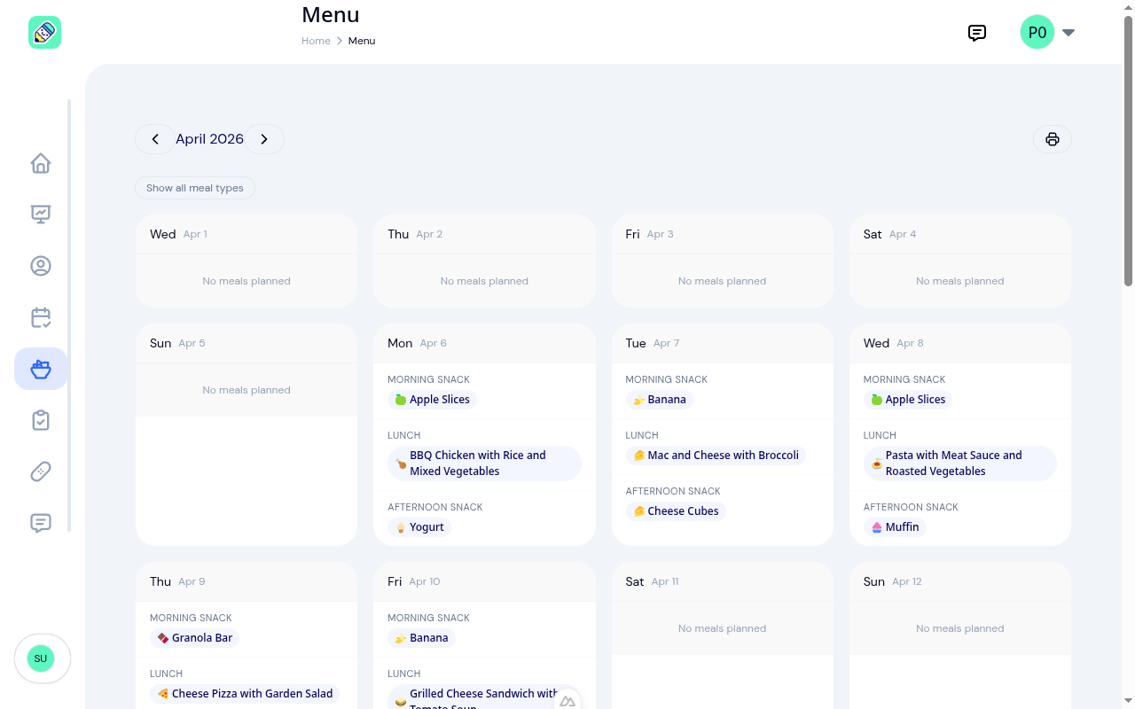 Teacher menu view showing April 2026 with meals populated across the week and a print button in the top right
