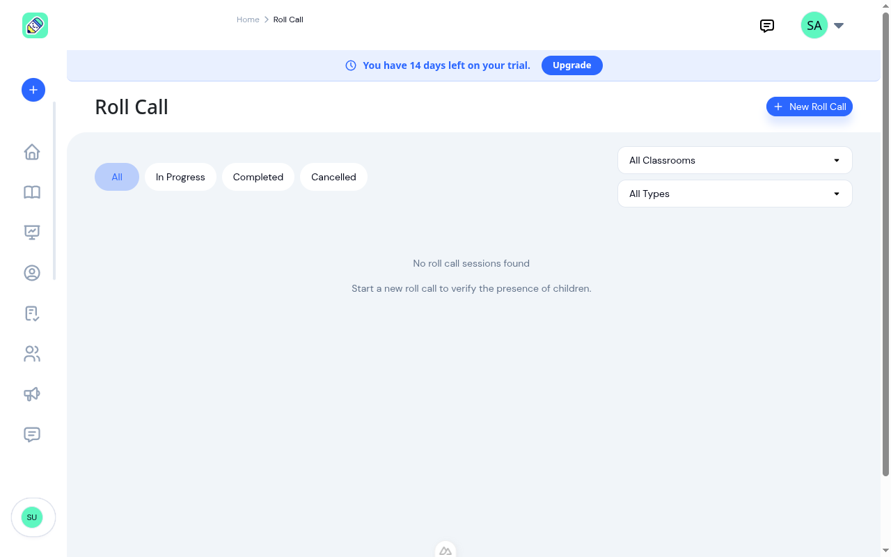 Roll call list page showing status filter tabs, classroom and type filters, and the New Roll Call button