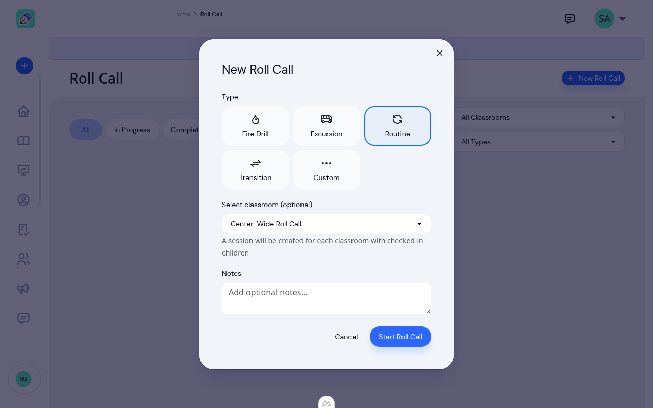 New Roll Call modal showing type selection, classroom dropdown, and notes field